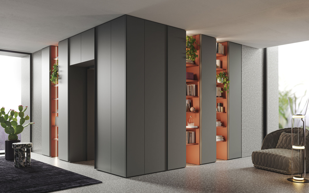 Armadio grigio ad angolo con libreria