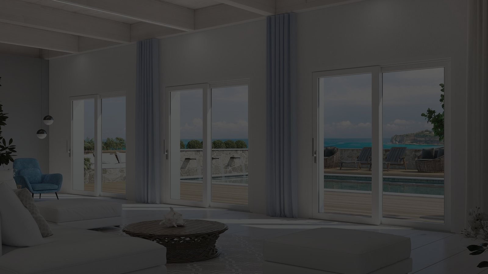 Portefinestre scorrevoli Fossati con vista mare e piscina
