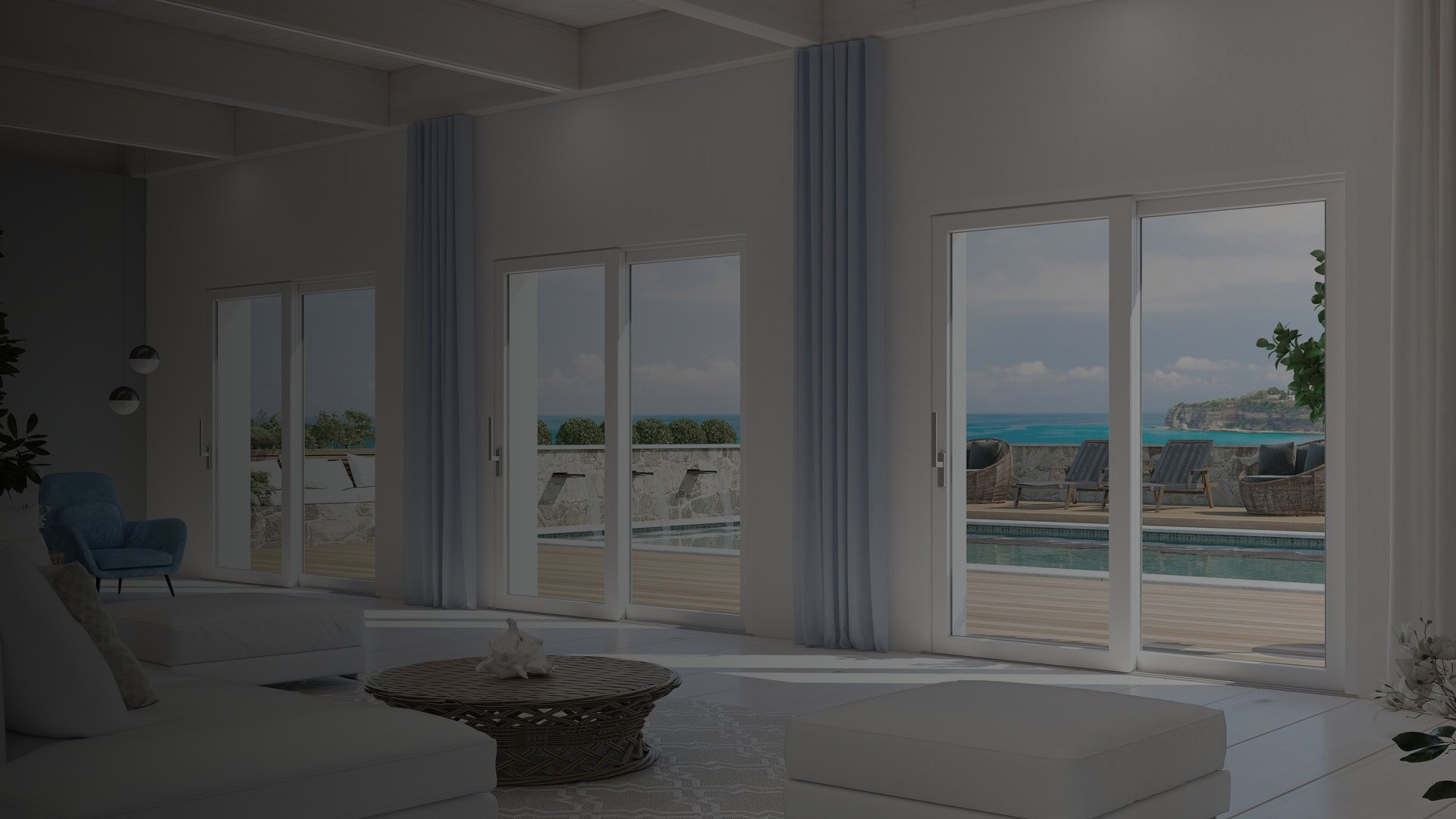 Portefinestre scorrevoli Fossati con vista mare e piscina